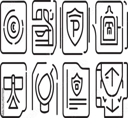 Eight square icons with various symbols including copyright shield and arrow on a gray background