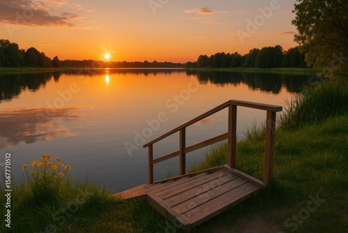 Serene lakeside sunset during summer with wooden steps leading into the water, embodying peaceful rural living, eco-tourism, camping, and fishing activities. photo