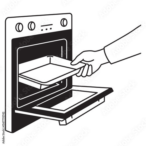 Black and white illustration of a hand placing a baking tray into an oven for cooking