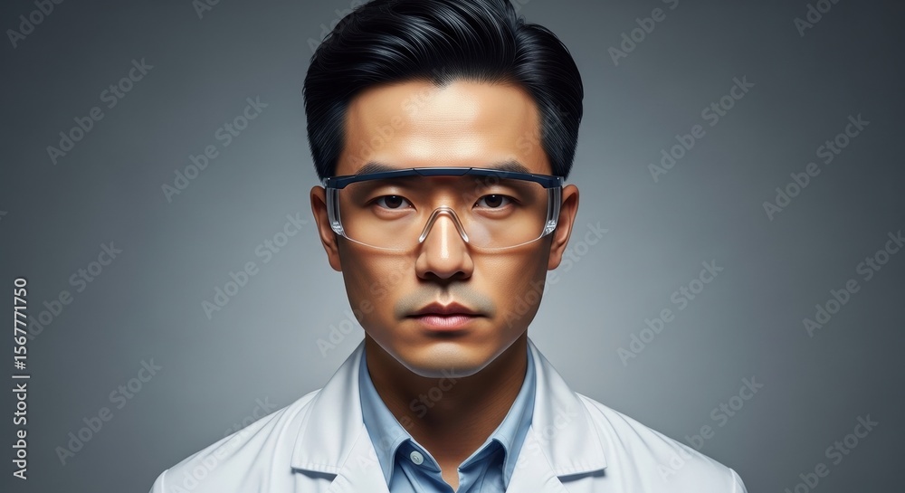 Young asian male scientist wearing protective eyewear and lab coat Young asian male scientist wearing protective eyewear and lab coat