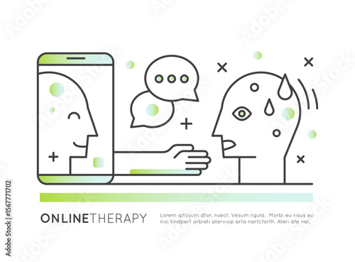 Online therapy concept with virtual mental health support, remote counseling, digital consulting, therapy session, emotional help, self-care, and psychological assistance in vector style logo icon
