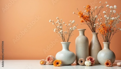 Elegant Vases with Dried Flowers on Soft Background