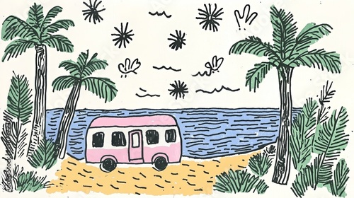 Pink van by the tropical beach with palm trees and starry sky in playful doodle art