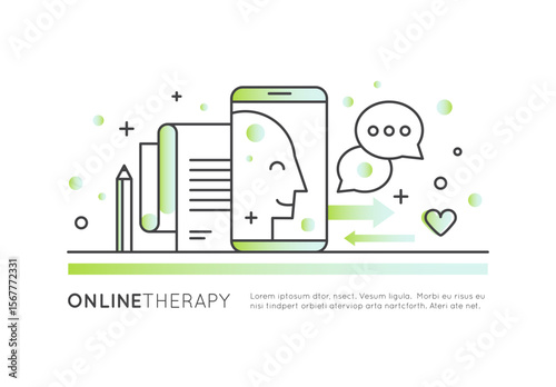 Online therapy concept with virtual mental health support, remote counseling, digital consulting, therapy session, emotional help, self-care, and psychological assistance in vector style logo icon