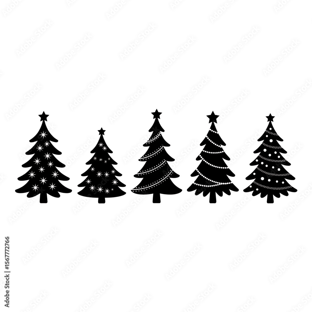 Obraz premium Black and White Christmas Tree Silhouettes: Holiday, Festive, Winter, Decoration, Merry