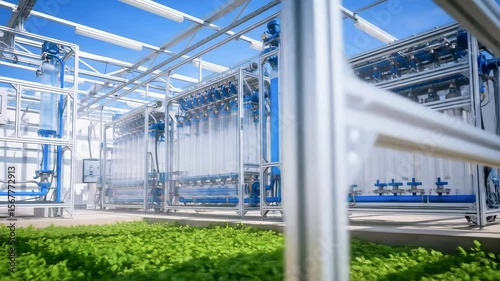 Modern hydroponic farm facility showcasing advanced water filtration systems and lush green plants