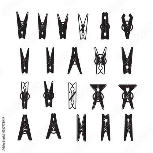 Collection of Twenty Four Black Silhouette Clothespins Various Designs and Angles Isolated on White Background