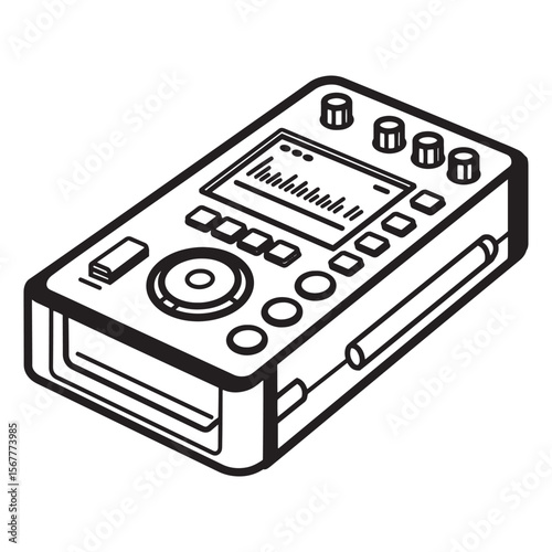 Black and white line drawing of a compact audio recording device illustration