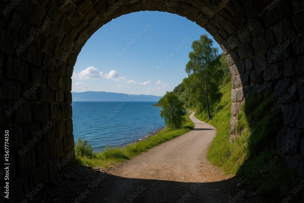 Obraz premium Scenic perspective from a rocky passage overlooking a freshwater lake