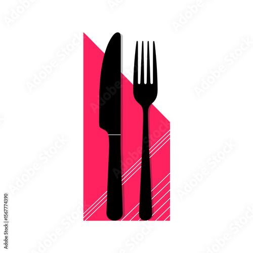 Black knife and fork on a pink napkin with decorative stripes, modern design, copy space