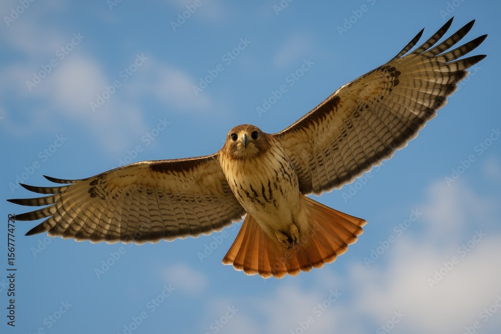 Fototapeta premium Red-tailed hawk soaring with wings spread wide, captured from beneath