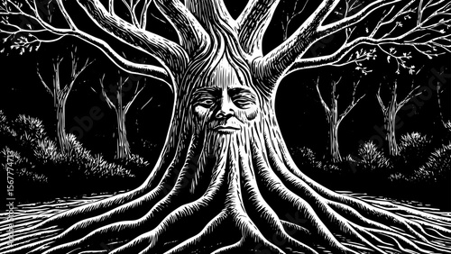 A surreal tree with roots forming a human face, great for fantasy book covers, surreal art prints, or psychology-themed design a black and white line art illustration