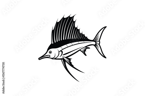 Elegant Sailfish Illustration in Black and White Silhouette Style on White Background silhouette