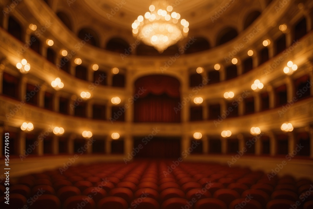Obraz premium Stylized Theater Setting with Decorative Architecture, Hanging Lights, Draped Curtains, and Audience Seating, Out-of-Focus Background Image