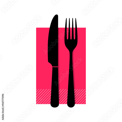 Black knife and fork on a pink napkin with striped accents, modern design, copy space
