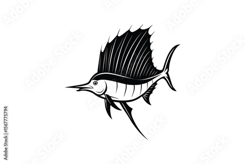 Striking Sailfish Illustration in Black and White Silhouette Style on a Clean White Background silhouette