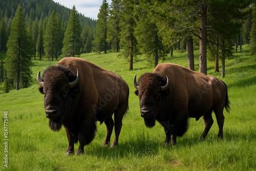 Two wild American Bison emerging at dawn in a national park photo