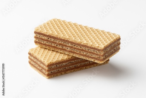 Two layered wafer cookies on a plain white surface