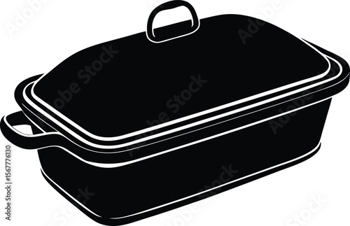 Black and white illustration of a covered roasting pan