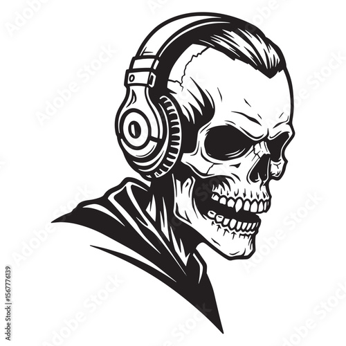 Detailed vector illustration of a skull wearing headphones in a black and white style