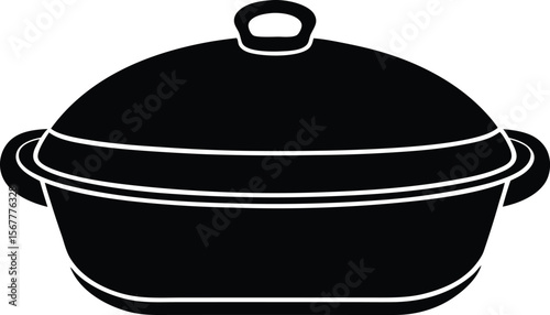 Black and white illustration of a covered oval casserole dish