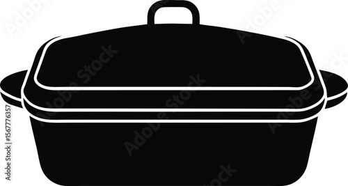 Black and white illustration of a covered rectangular baking dish