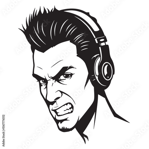 Furious man wearing headphones expressing anger in a bold black and white vector illustration