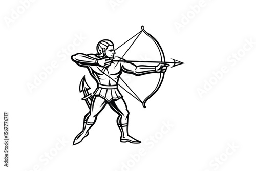 Archer Aiming with Bow and Arrow in Silhouette Style on White Background silhouette