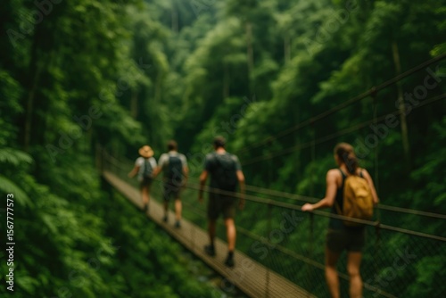 Vivid Scene of Explorers Navigating a Suspension Bridge Amidst Dense Jungle Foliage in Daylight for Creative Use