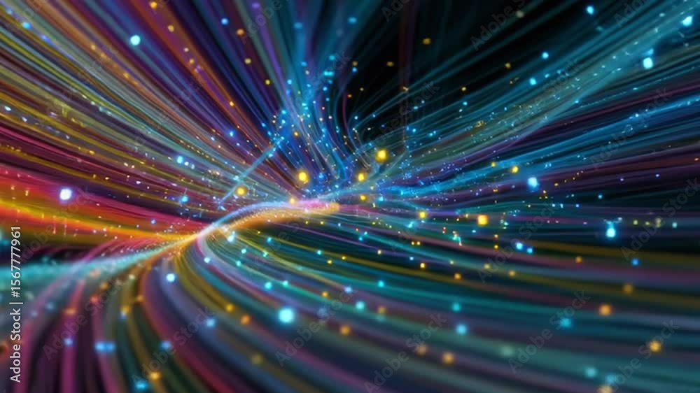 Abstrakter, farbenfroher Technologie-Hintergrund. Symbol für neuronale Netzwerke, Cybersicherheit, Datenströme, Datenbanken, Wissenschaft, Supercomputer und Cloud Computing, Generative AI