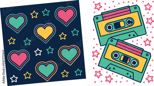 Groovy eighties design featuring cassette tapes and hearts for retro themed projects.