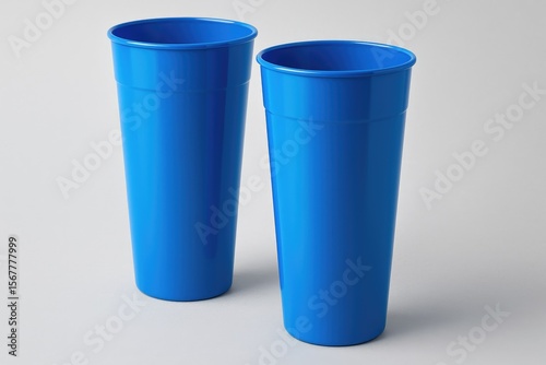 Two elongated blue plastic drinking cups