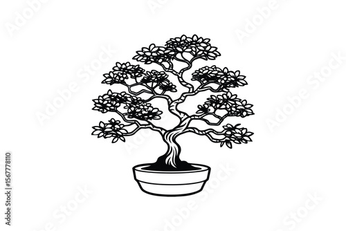 Elegant Bonsai Tree in a Pot Black and White Silhouette Style Illustration