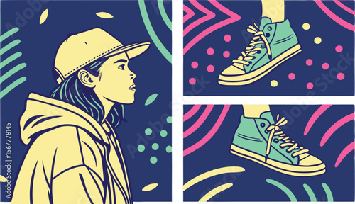 Stylish youth culture graphic featuring a girl in a hoodie and fashionable sneakers design element.