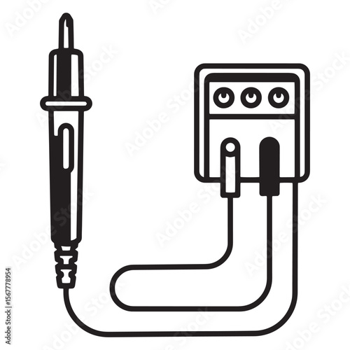 Minimalistic illustration of a tattoo machine with power supply equipment isolated on white.