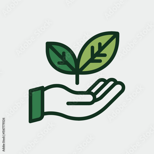 Green Leaf Sprout Held in an Outstretched Dark Green Hand Outline Icon Simple Minimalist Graphic Design Element