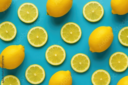 Bright blue background featuring fresh yellow lemons and lemon slices arranged in a stylish flat lay, perfect for summer health and diet themes, with a pop art influence and minimalist design.