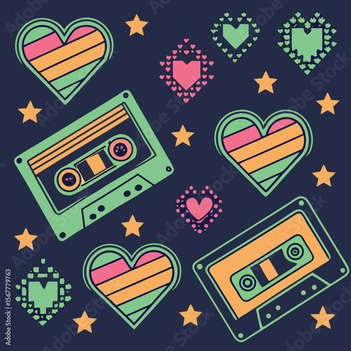 Retro styled tapes, hearts and star shapes float in a fun, colorful, nineties themed design.