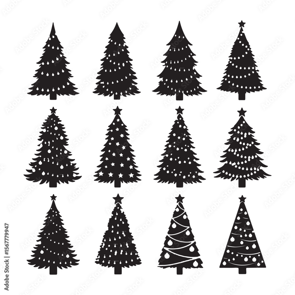 Obraz premium Black Christmas trees decorated with lights and stars evergreen trees decorated trees
