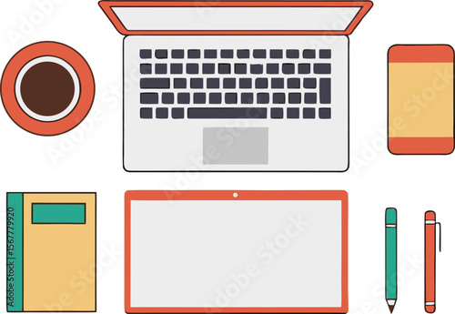 Top view of a modern workspace with laptop tablet phone notebook and coffee cup