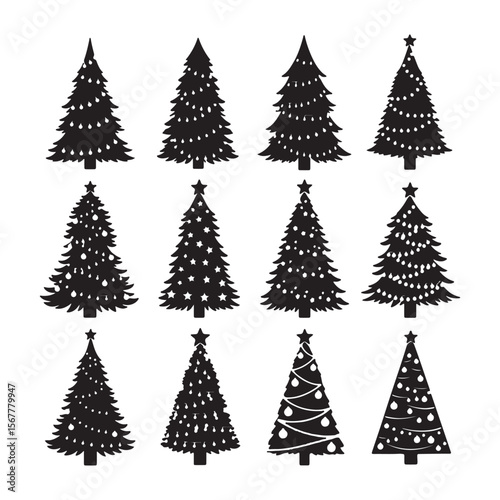 Black Christmas trees decorated with lights and stars evergreen trees decorated trees