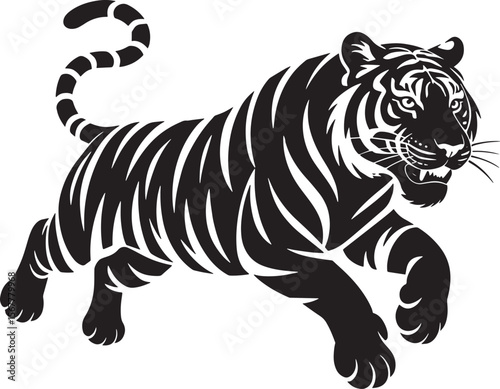 tiger jumping black silhouette vector, Simple silhouette Design vector icon with white background. Wild Animal Vector