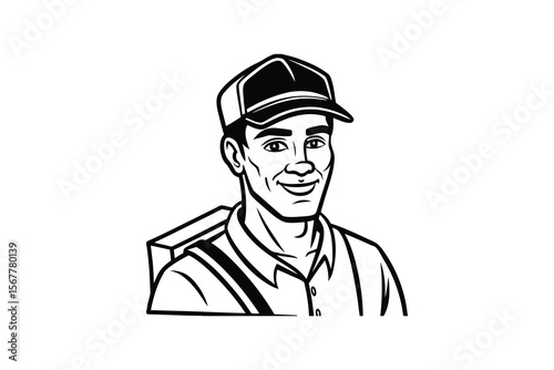 Smiling Delivery Man with Cap in Black and White Silhouette