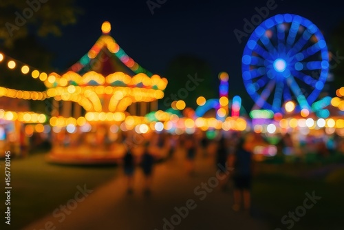 Nighttime amusement park scene with dazzling lights and lively carnival rides, softly blurred background