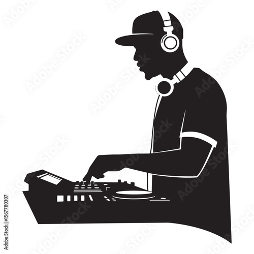 Silhouette of a dj wearing headphones and a cap mixing music on a soundboard