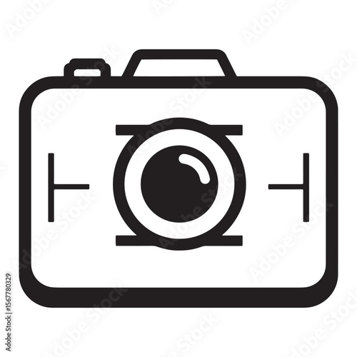 Simple black and white illustration of a camera icon for photography and media