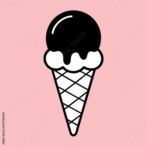 "A single scoop of melting chocolate ice cream on a waffle cone, against a pastel pink background, high contrast, delicious close-up"

