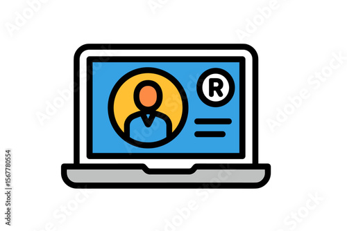 Laptop displaying user profile icon with registered trademark symbol  