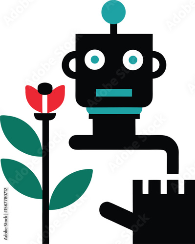robot hand holding flower creative logo icon on wh.eps