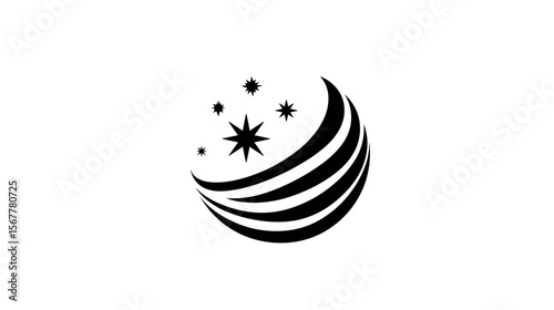 Graphic design of a starry circular logo with swirling lines  